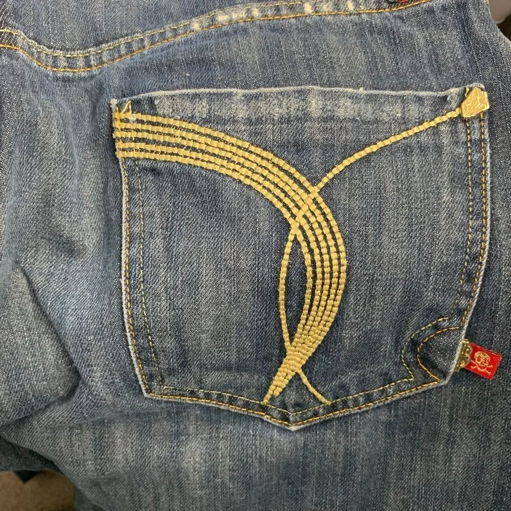 Vintage Y2K Stash House Denim Jeans 34 Med Wash Distressed Straight Embellished - Picture 5 of 8